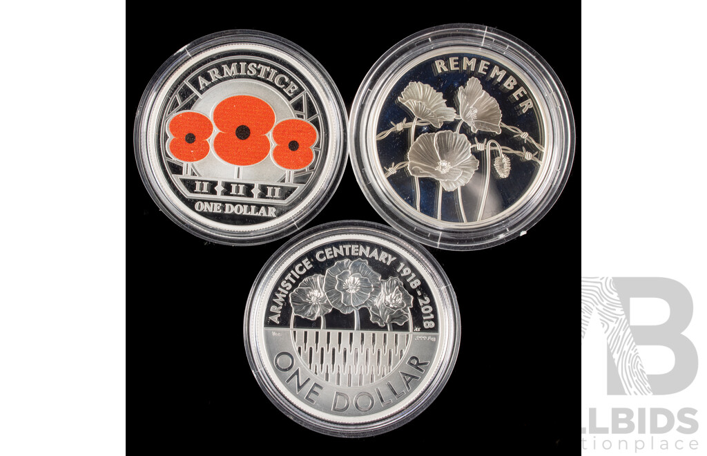 Royal Australian Mint/Royal Mint/New Zealand Post 2018 Three Silver Proof Coin Set, Armistice Centenary .999