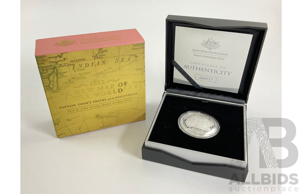 Australian RAM 2019 Silver Proof Domed Five Dollar Coin, 1812 New Map of the World , Captains Cook's Tracks and Discoveries .999