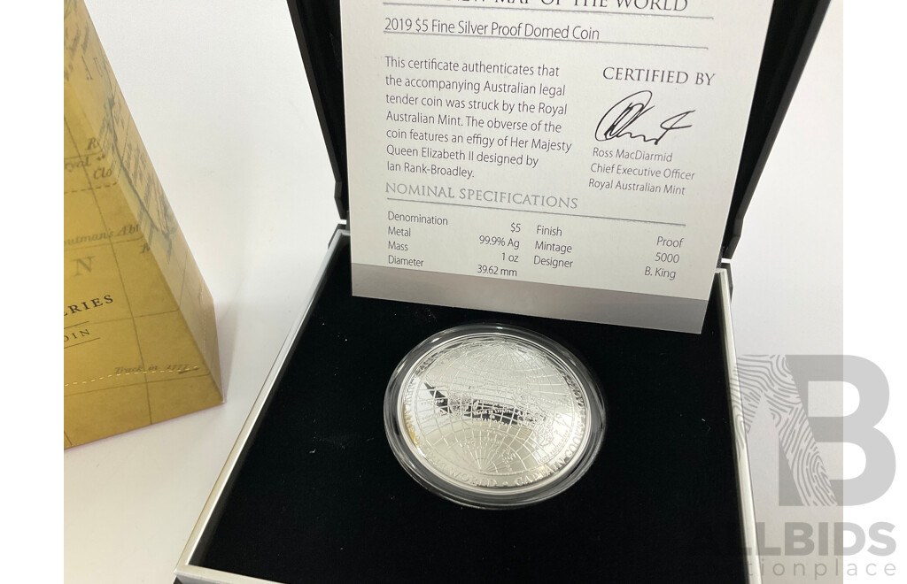 Australian RAM 2019 Silver Proof Domed Five Dollar Coin, 1812 New Map of the World , Captains Cook's Tracks and Discoveries .999
