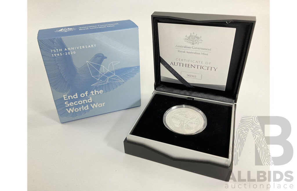 Australian RAM 2020 Silver Five Dollar Coin, 75th Anniversary End of the Second World War .999