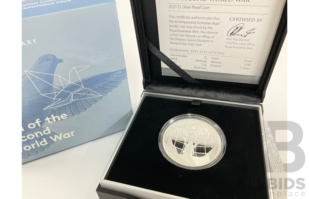 Australian RAM 2020 Silver Five Dollar Coin, 75th Anniversary End of the Second World War .999