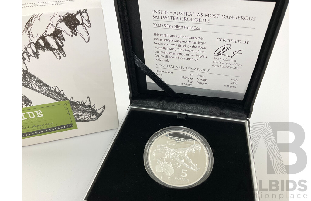 Australian RAM 2020 Silver Five Dollar Proof Coin, Inside - Australia's Most Dangerous Saltwater Crocodile .999
