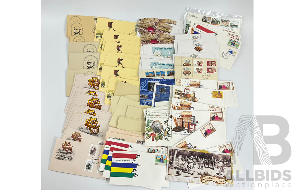 Collection of Australian Stamp Packs, First Day Covers and Prepaid Envelopes Including Australian Painting Series, Australian Fungi, Desert Gold, Gold Rush Era, Outward Bound