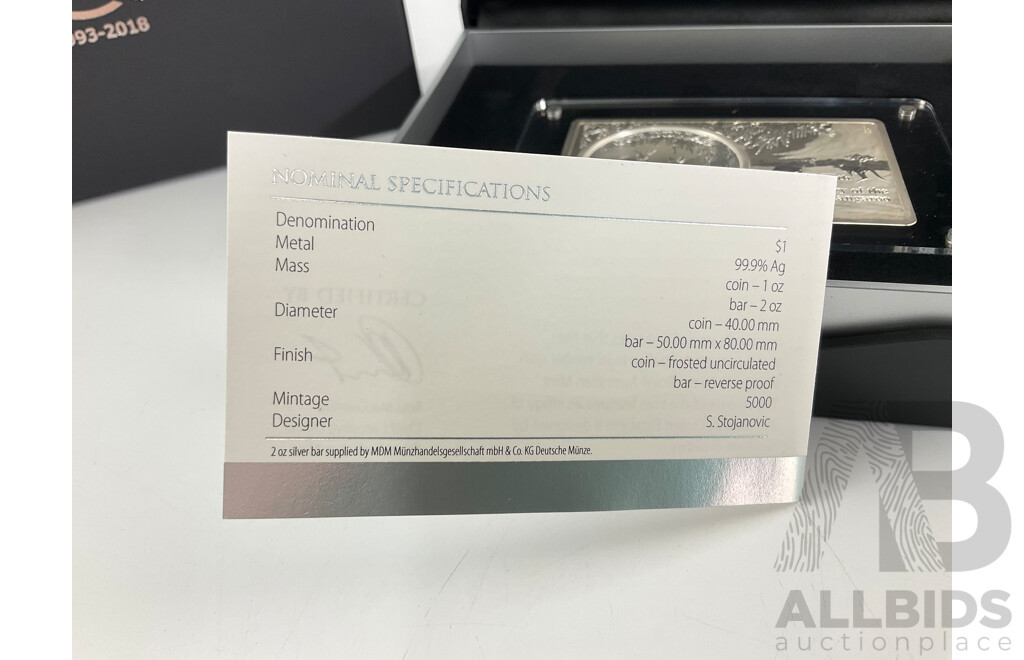 Australian RAM 2018 Three Ounce Silver Coin and Bar Set, 25th Anniversary of the Silver Kangaroo .999