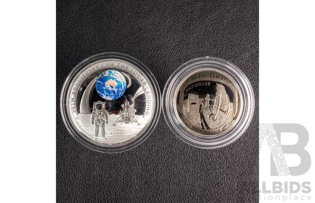 Australian RAM/United States Mint 2019 Australian Five Silver Proof Dollar/US Proof Half Dollar, Domed Coins, Apollo 11 Moon Landing 50th Anniversary .999
