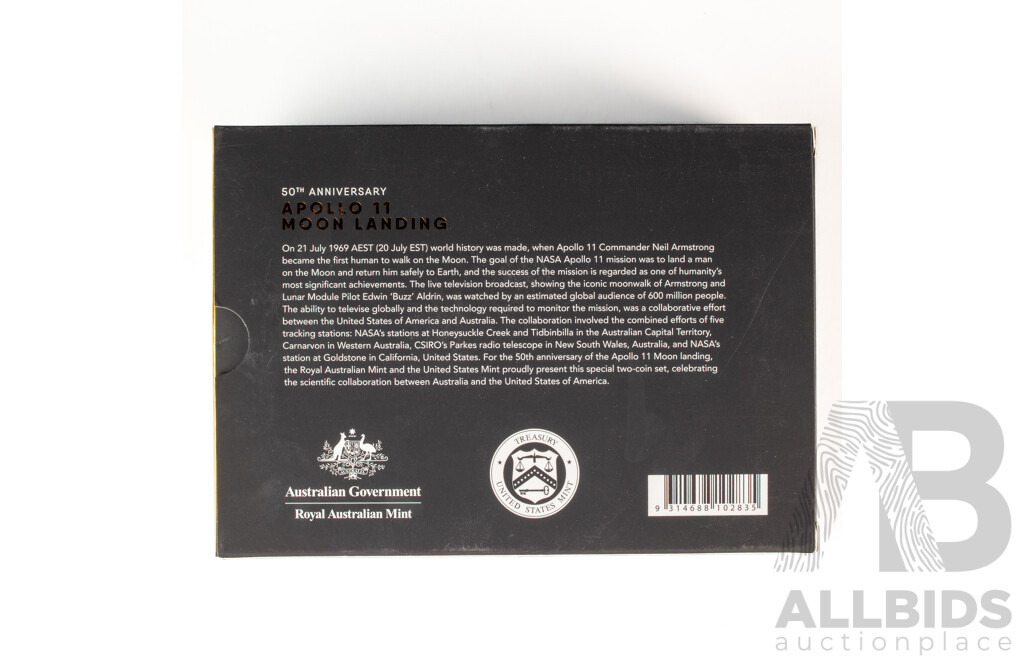 Australian RAM/United States Mint 2019 Australian Five Silver Proof Dollar/US Proof Half Dollar, Domed Coins, Apollo 11 Moon Landing 50th Anniversary .999