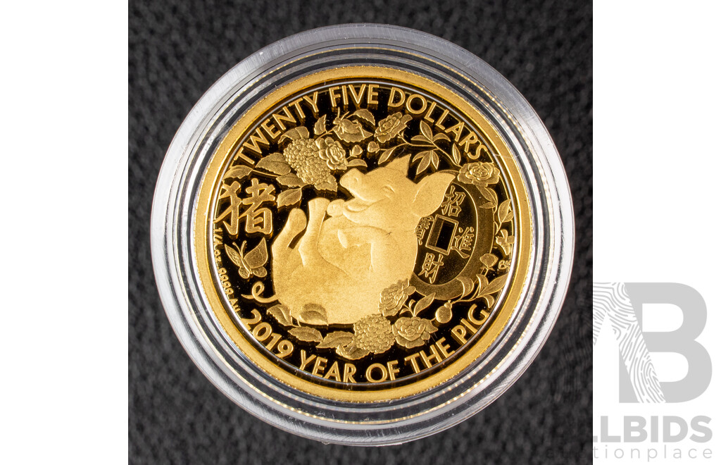 Australian RAM 2019 Twenty Five Dollar Gold Proof Coin, Lunar Series II - Year of the Pig .999