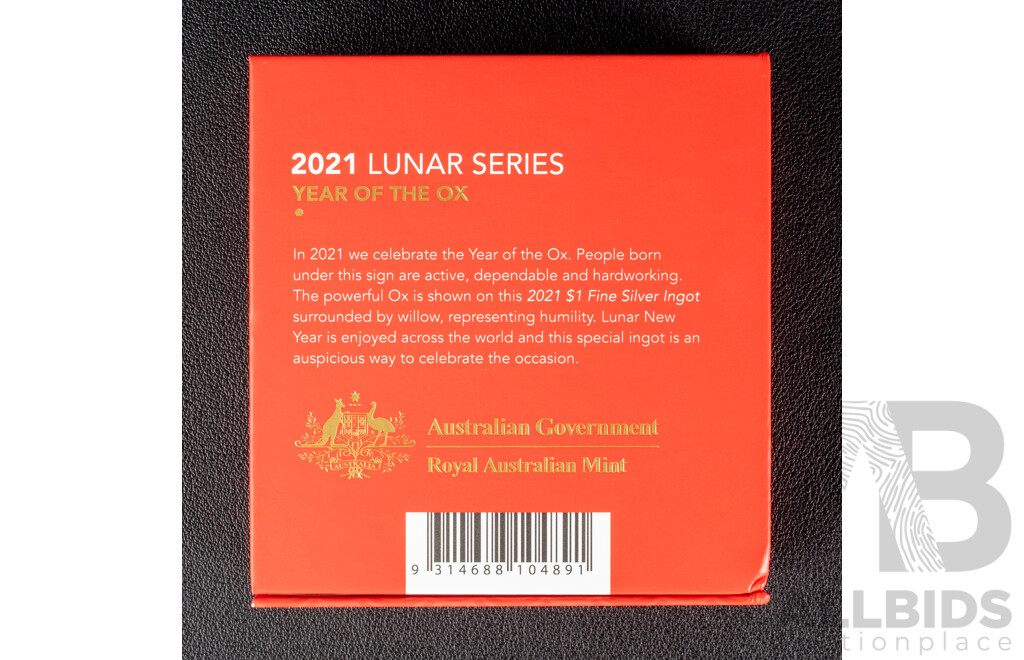 Australian RAM 2021 One Dollar Silver Ingot, Lunar Series III - Year of the Ox  .999