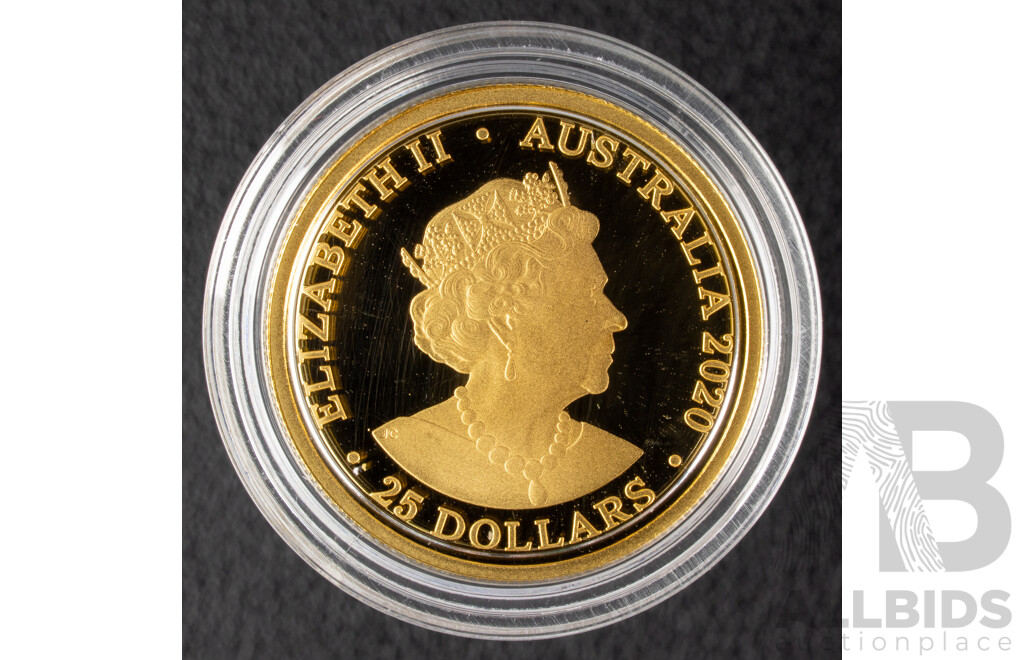 Australian RAM 2020 Gold Proof Twenty Five Dollar Coin, Kangaroos at Dawn - The Essence of Australia .999