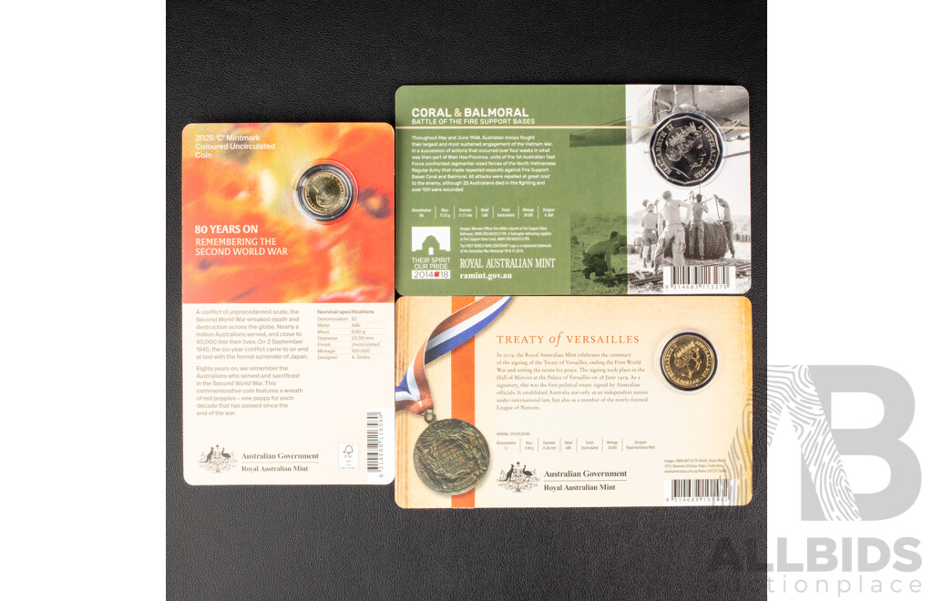 Three Australian RAM Milatary Themed Commemorative Coins Including  2025 Two Dollar Coin, 80 Years on - Remembering the Second World War, C Mint Mark, 2019 One Dollar, Treaty of Versailles, 2018 Fifty Cent, Coral & Balmoral 50th Anniversary