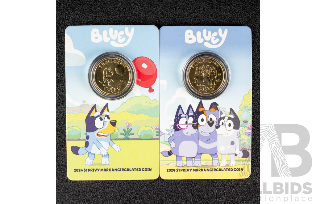 Two Australian RAM 2024 UNC Commemorative One Dollar Coins, Bluey, Privy Marks