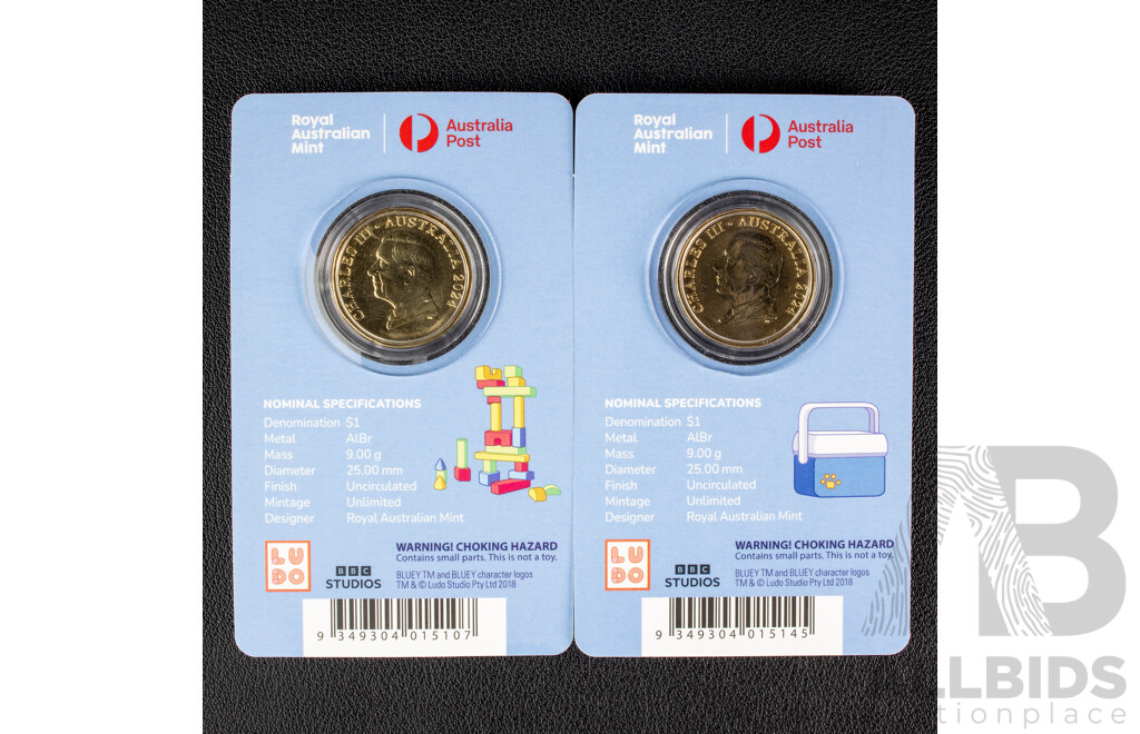 Two Australian RAM 2024 UNC Commemorative One Dollar Coins, Bluey, Privy Marks