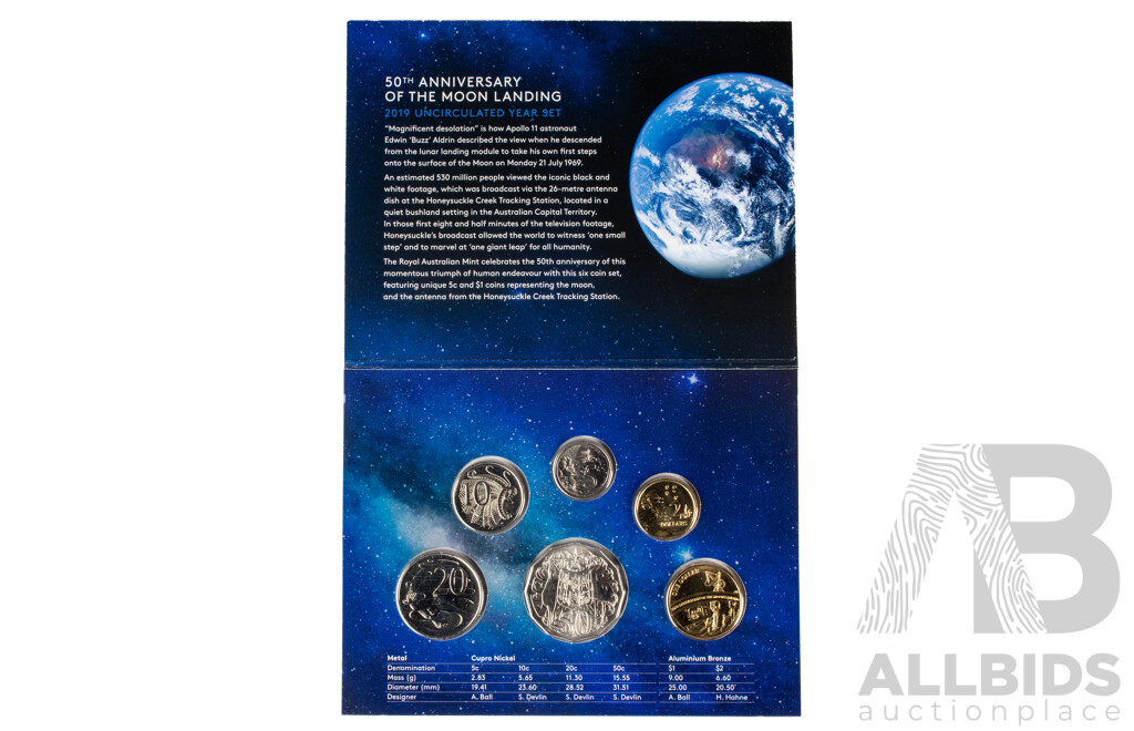 Australian RAM 2019 Six UNC Coin Set, Moon Landing 50th Anniversary