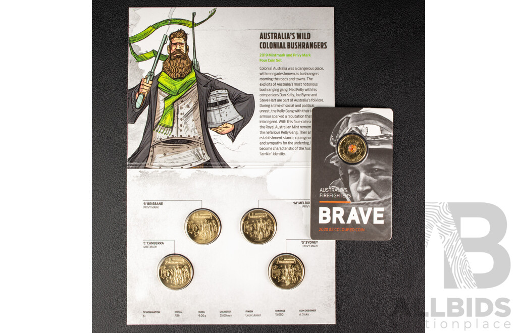 Australian RAM 2019 Four UNC One Dollar Coin Set, The Bold, The Bad and The Ugly, Privy Marks with 2020 Two Dollar Coin, Australia's Firefighters
