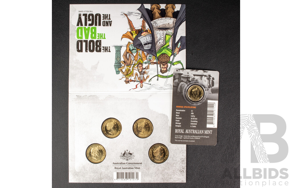 Australian RAM 2019 Four UNC One Dollar Coin Set, The Bold, The Bad and The Ugly, Privy Marks with 2020 Two Dollar Coin, Australia's Firefighters