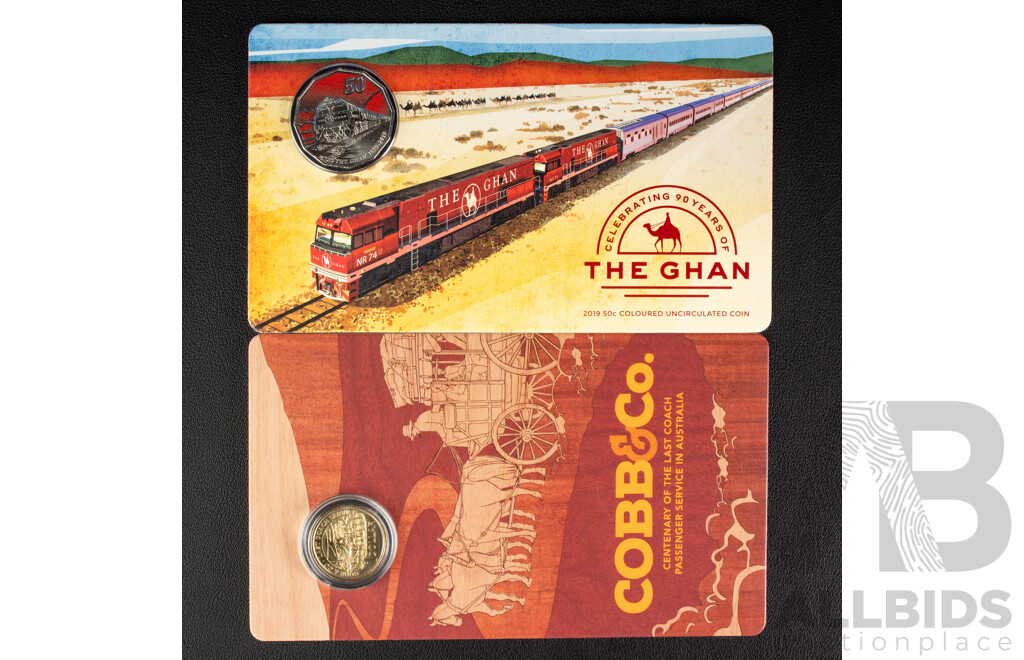 Two Australian RAM Commemorative UNC Coins Including 2019 Fifty Cent, the Ghan, Celebrating 90 Years and 2024 One Dollar, Cobb & Co Centenary of the Last Passenger Coach in Australia
