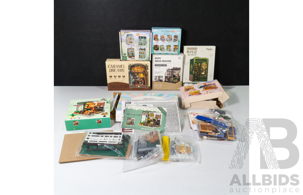 Seven Boxed Shelf Dioramas Including Illuminated Caramel Dreams Shop, Illuminated DIY Coffee House and Mini House, Cuteroom Corner Happiness, Cutebee Illuminated Owl Bookstore