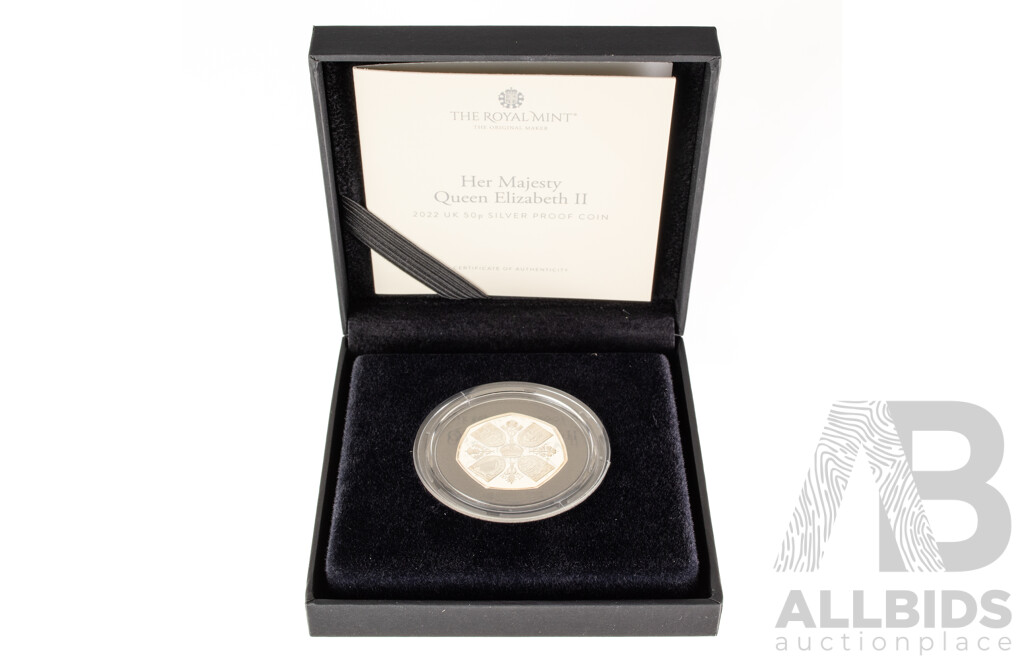 United Kingdom Royal Mint 2022 Silver Proof Fifty Pence Coin, Her Majesty Queen Elizabeth II 1926-2022  .999