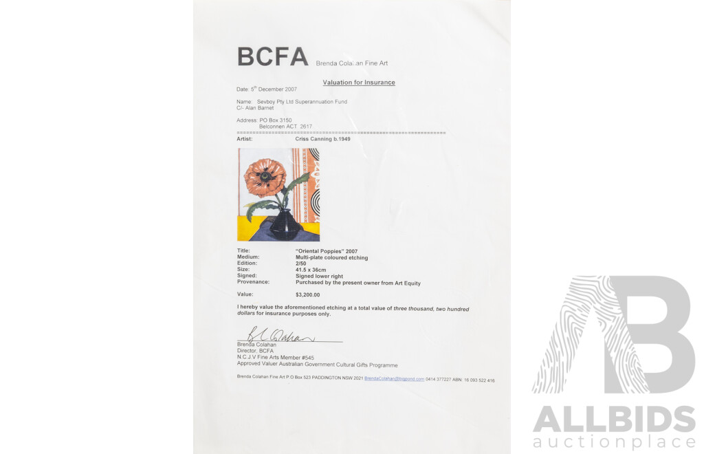 Criss Canning, (20th Century, Australian, 1947-), Oriental Poppies (2007), Multi-Plate Etching, 73 x 67 cm (frame)