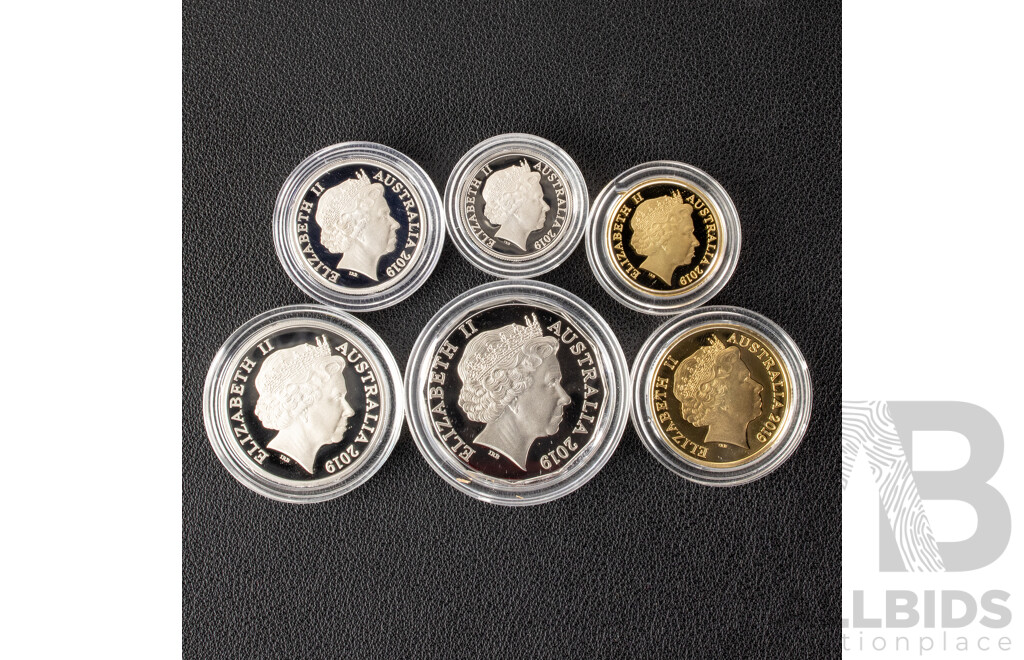 Australian RAM 2019 Six Proof Coin Set, Fiftieth Anniversary of the Moon Landing, Commemorative One Dollar and Five Cent