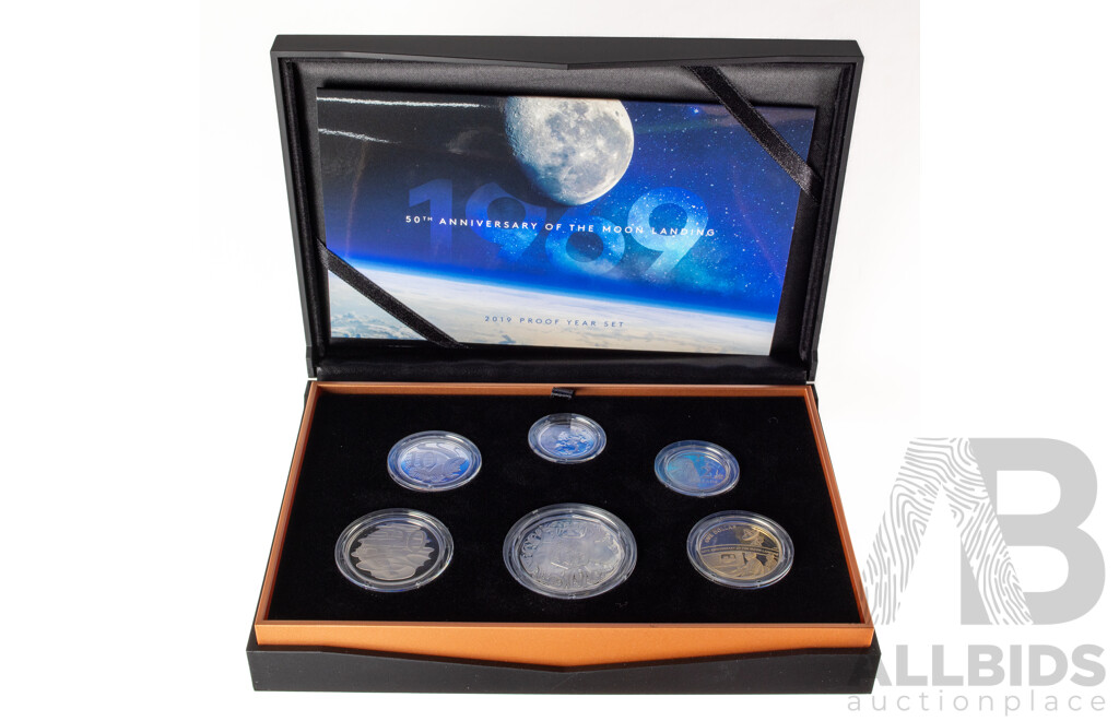 Australian RAM 2019 Six Proof Coin Set, Fiftieth Anniversary of the Moon Landing, Commemorative One Dollar and Five Cent