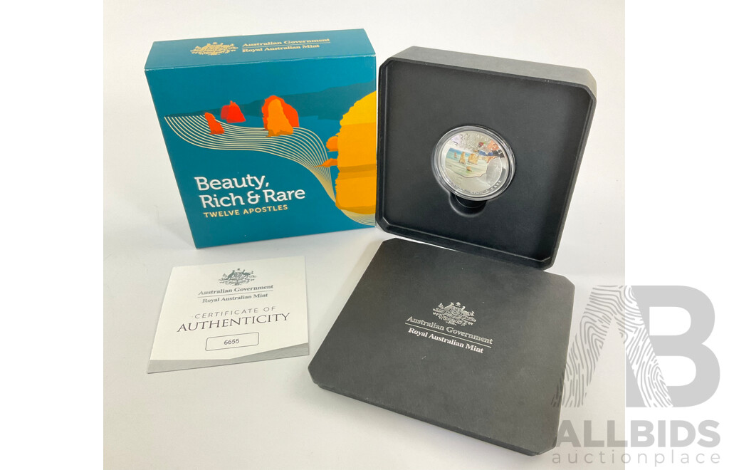 Australian RAM 2023 Silver Coloured Domed Proof Five Dollar Coin, Beauty Rich & Rare - Twelve Apostles