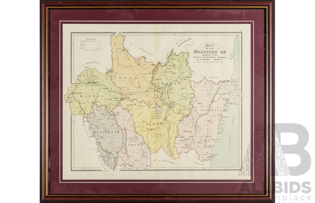 Artist Unknown, (19th Century, Australian), Map of Seven NSW Counties, Antique Planographic Lithograph - Pre Dating Canberra, 63 X 73 Cm (frame)