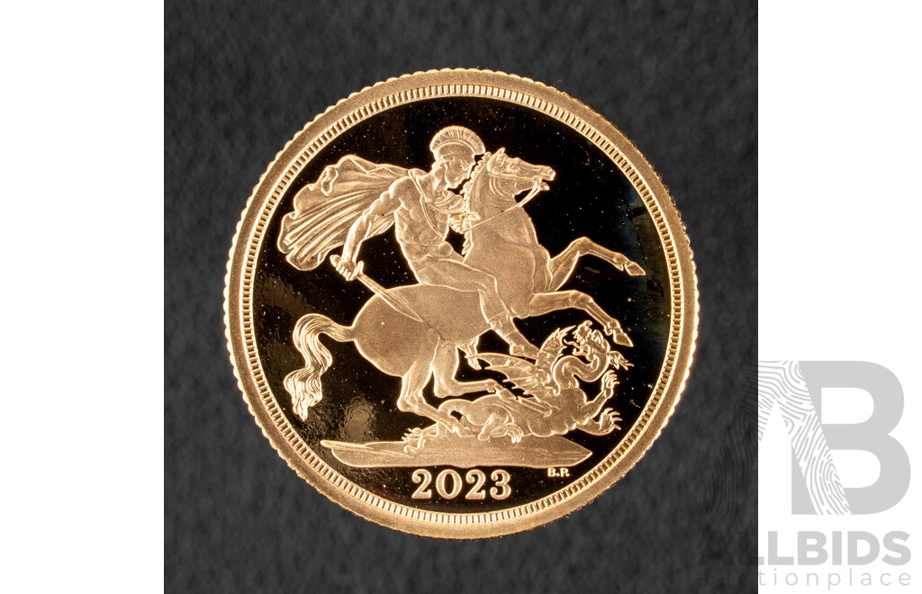 United Kingdom Royal Mint 2023 Gold Proof Sovereign, King Charles III Coronation .917