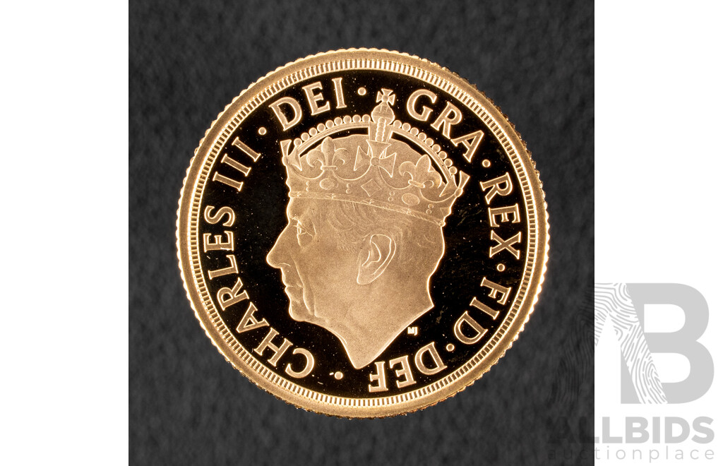 United Kingdom Royal Mint 2023 Gold Proof Sovereign, King Charles III Coronation .917