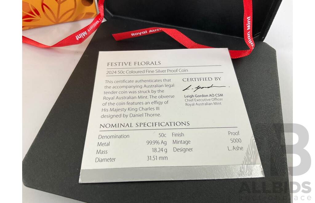 Australian RAM 2024 Silver Proof Fifty Cent Coin, Festive Florals .999