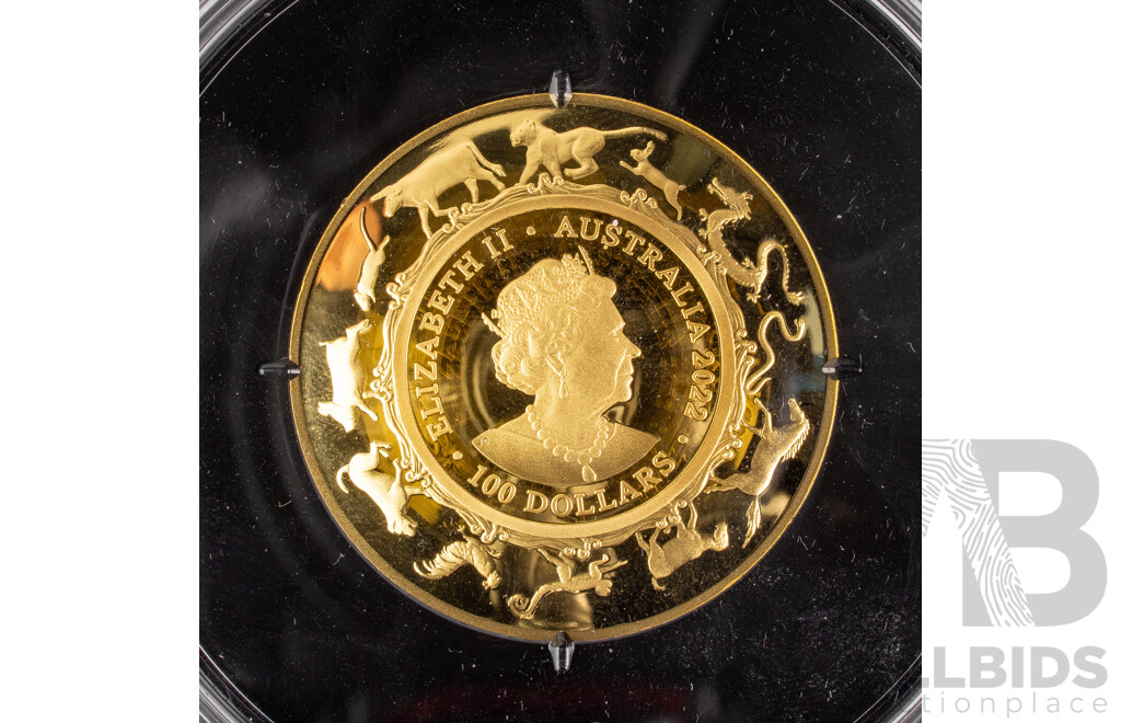 Australian RAM 2022 Gold Proof Domed One Hundred Dollar Coin, Lunar Series - Year of the Tiger .999