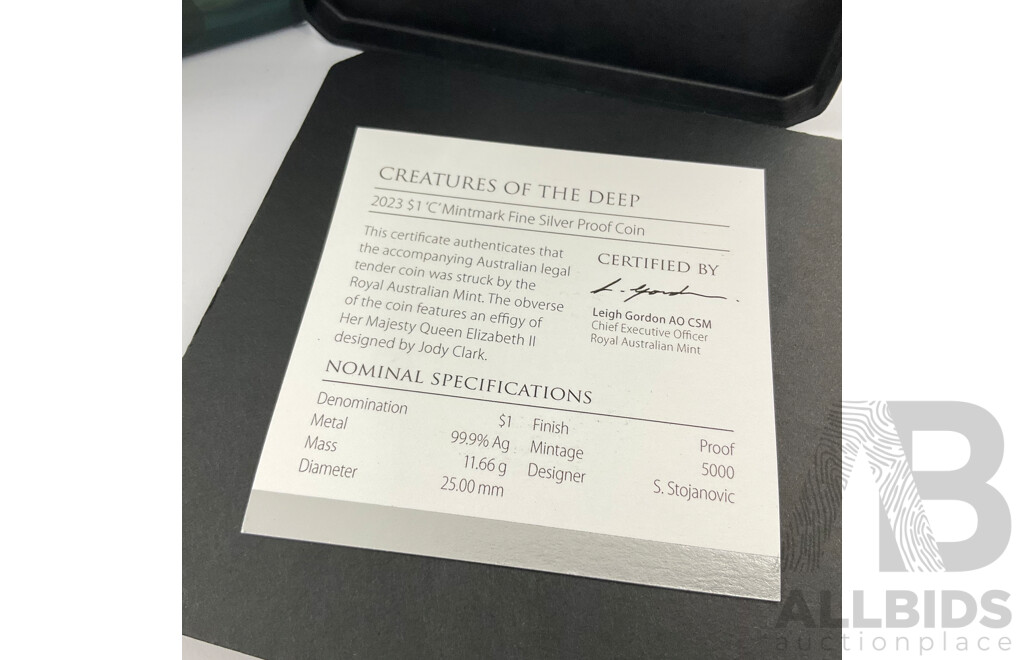 Australian RAM 2023 Silver Proof One Dollar Coin, Creratures of the Deep .999