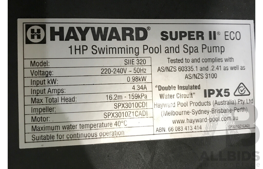 Hayward Super II 1.0HP ECO Swimming Pool and Spa Pump