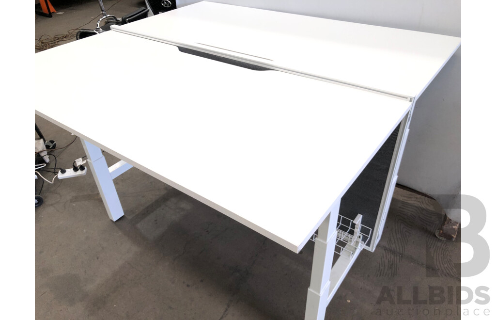 JasonL 1800mm Premium Height Adjustable Two Person H Bench Workstation with Cable Scallop and Privacy Screen