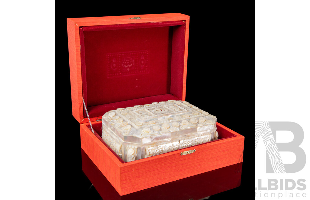 Heavily Carved Mother of Pearl Lift Top Jewellery Box in Presentation Case