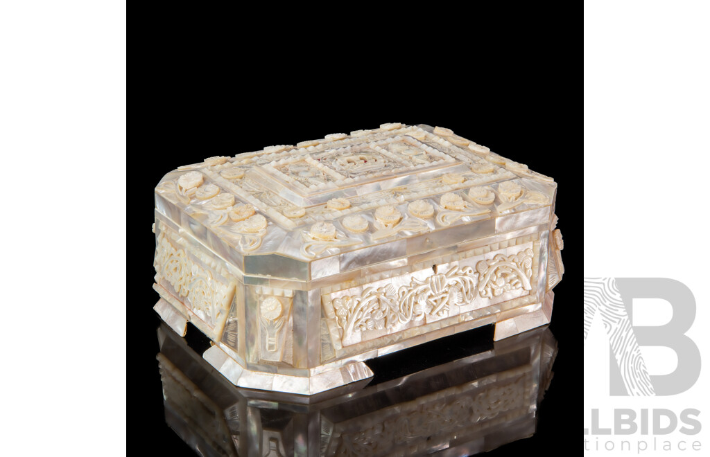 Heavily Carved Mother of Pearl Lift Top Jewellery Box in Presentation Case