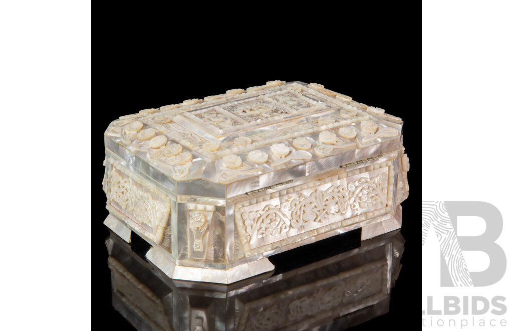 Heavily Carved Mother of Pearl Lift Top Jewellery Box in Presentation Case