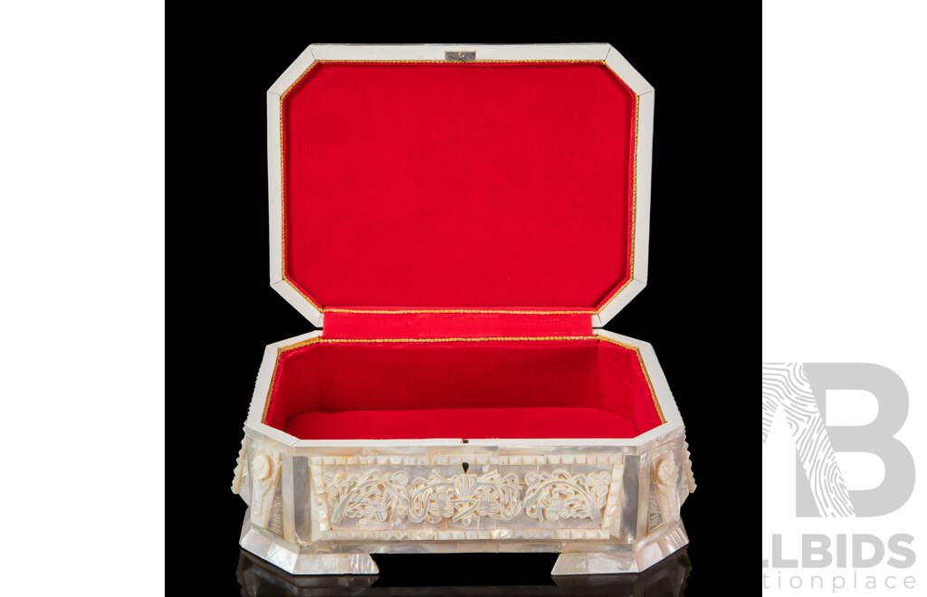 Heavily Carved Mother of Pearl Lift Top Jewellery Box in Presentation Case