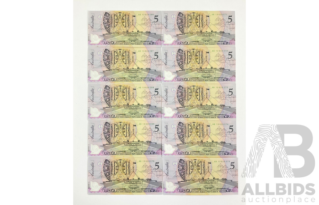 Ten Australian 1992 Five Dollar Notes, Fraser/Cole, Consecutive AB 13630266 - AB 13630275