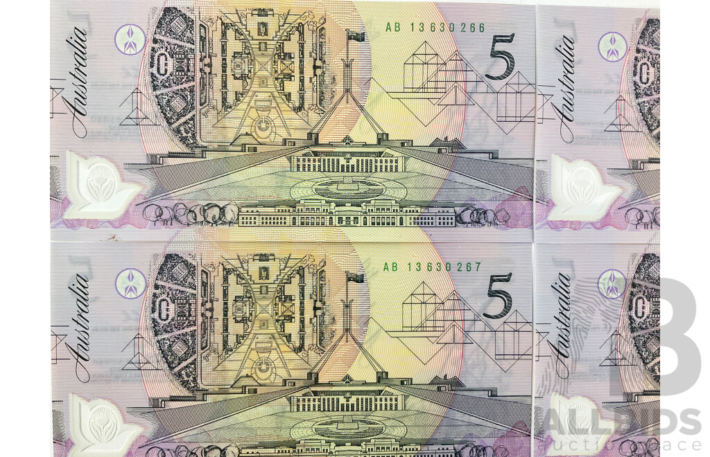 Ten Australian 1992 Five Dollar Notes, Fraser/Cole, Consecutive AB 13630266 - AB 13630275