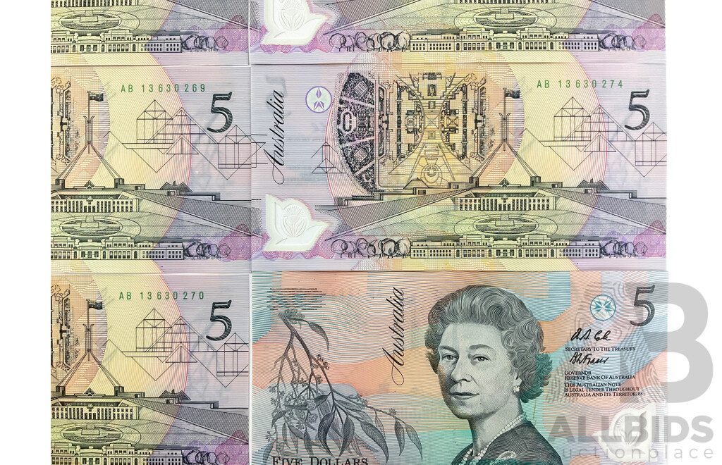 Ten Australian 1992 Five Dollar Notes, Fraser/Cole, Consecutive AB 13630266 - AB 13630275