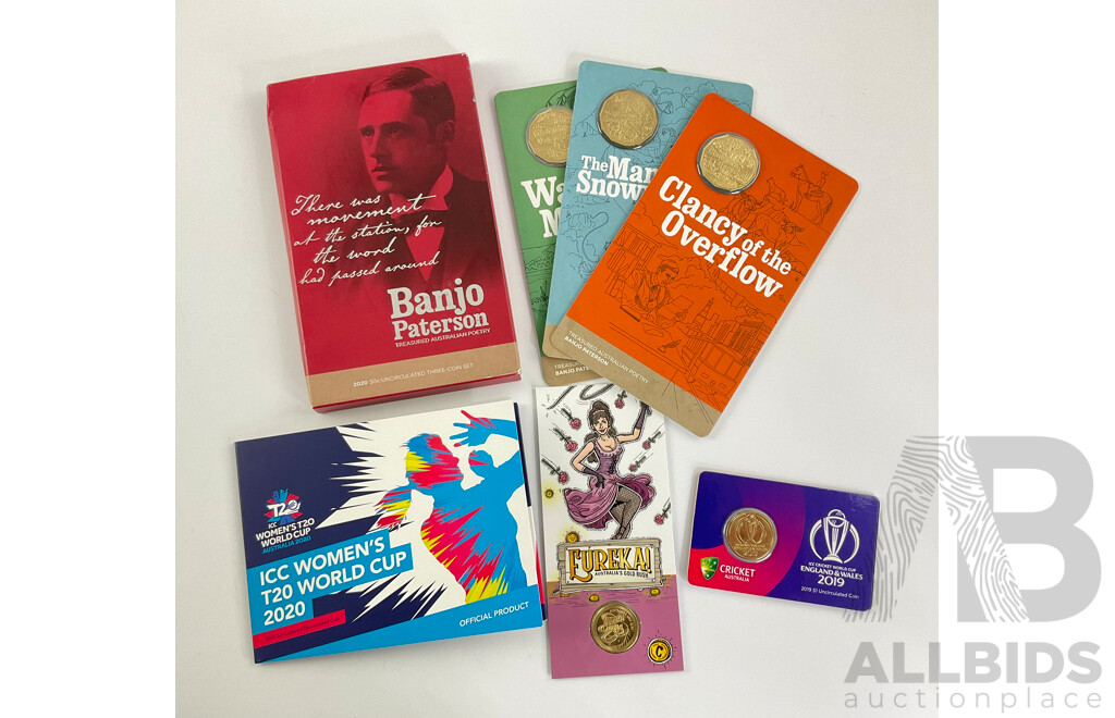 Australian RAM 2020 Three Commemorative Fifty Cent Coin Set, Banjo Paterson One Dollars 2019 England and Wales Cricket and 2020 Eureka C Mint Mark, 2020 Women's T20 Two Dollar