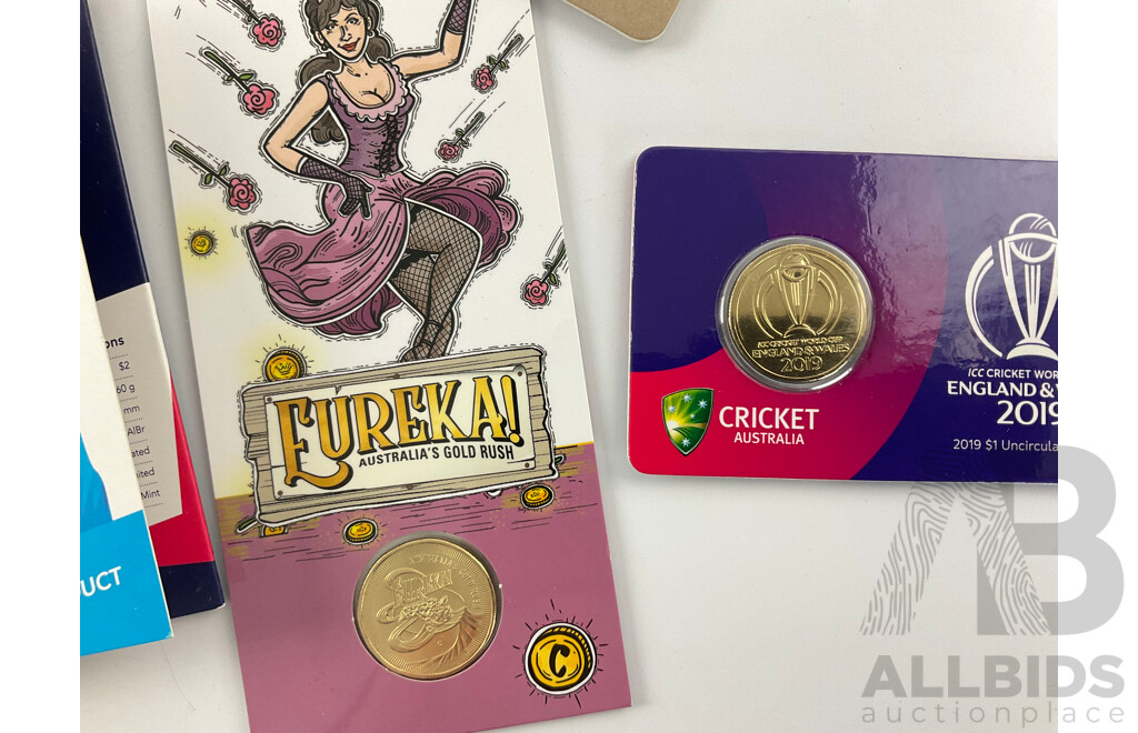 Australian RAM 2020 Three Commemorative Fifty Cent Coin Set, Banjo Paterson One Dollars 2019 England and Wales Cricket and 2020 Eureka C Mint Mark, 2020 Women's T20 Two Dollar