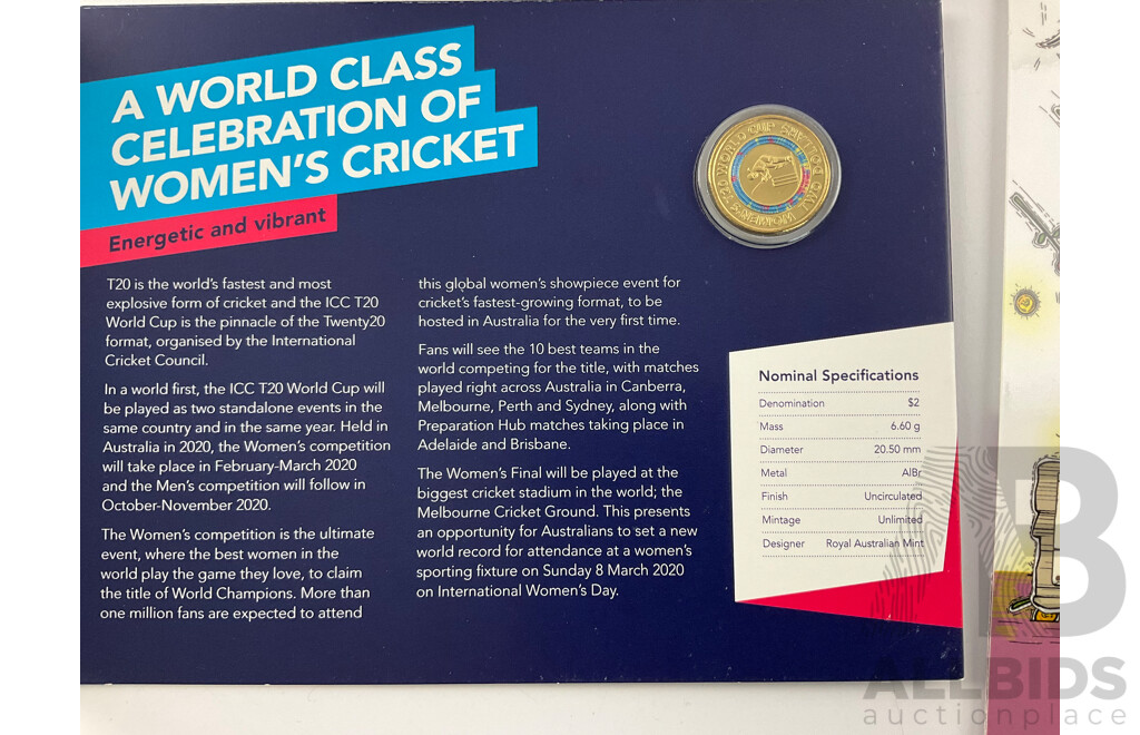 Australian RAM 2020 Three Commemorative Fifty Cent Coin Set, Banjo Paterson One Dollars 2019 England and Wales Cricket and 2020 Eureka C Mint Mark, 2020 Women's T20 Two Dollar