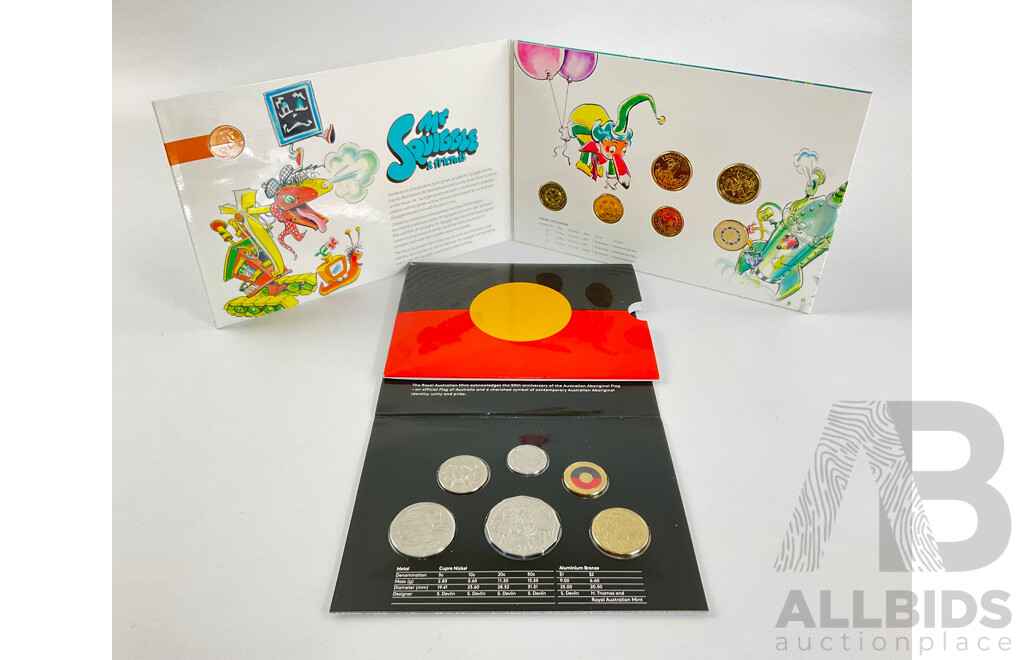 Australian RAM 2021 Six UNC Coin Set, 50th Anniversary of the Aboriginal Flag with 2019 Seven Coin Mr Squiggle Set