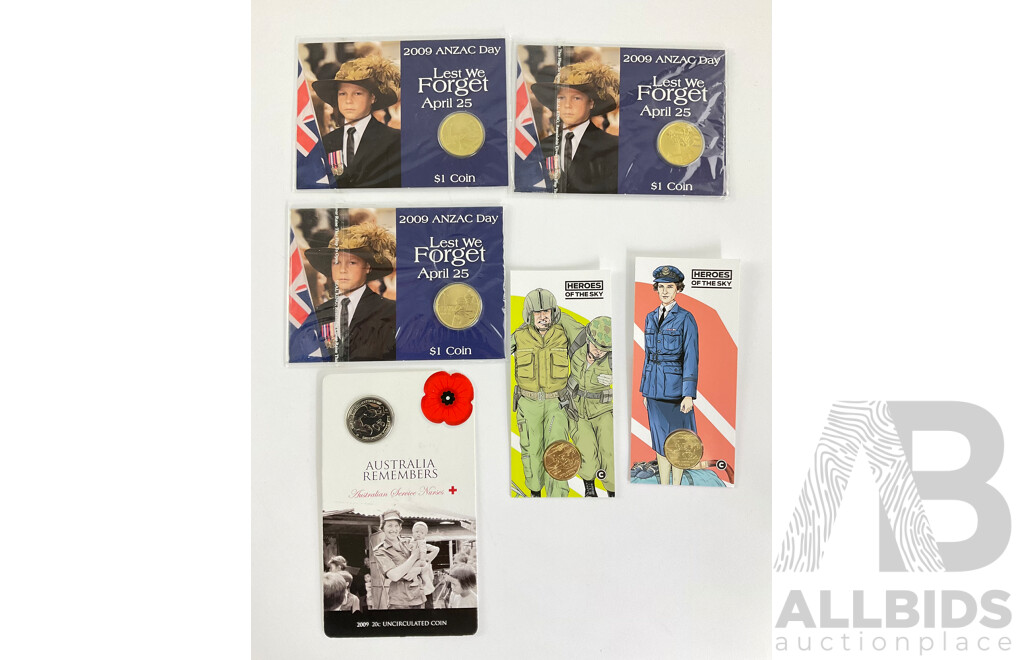 Two Australian RAM 2021 One Dollar Coins, Heroes of the Sky C Mint Mark, 2009 Twenty Cent Australian Service Nurses, Three 2025 One Dollar Coins, Lest We Forget