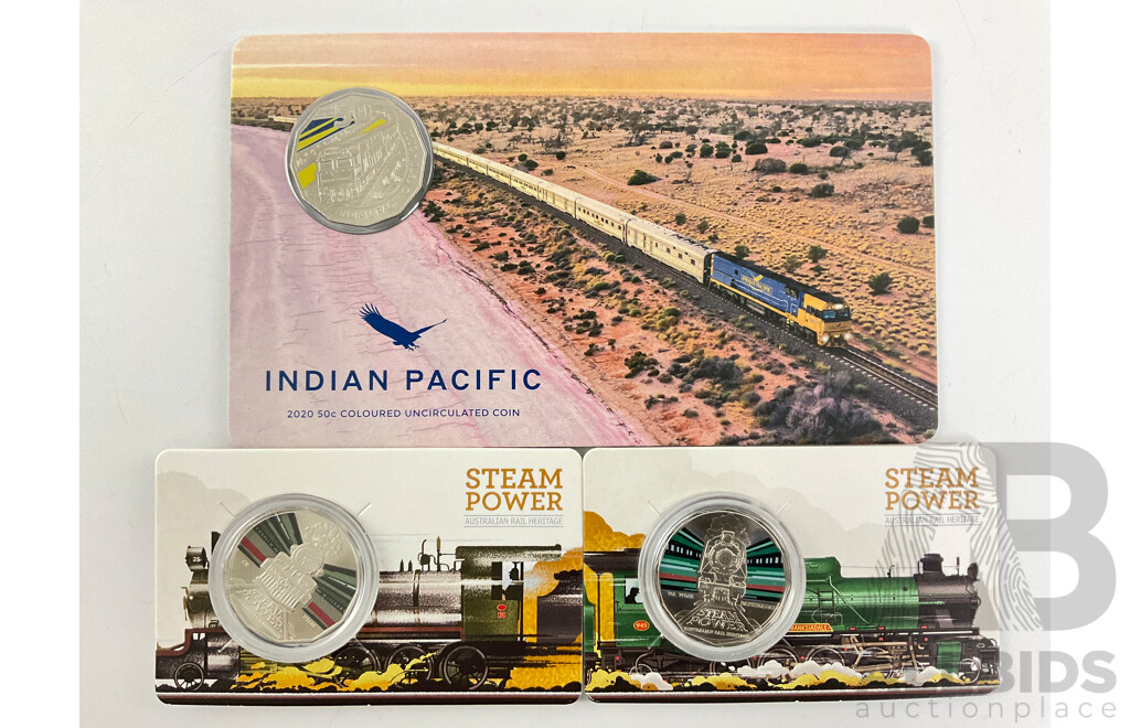 Two Australian RAM 2022 Steam Power and 2020 Indian Pacific Fifty Cent Coins
