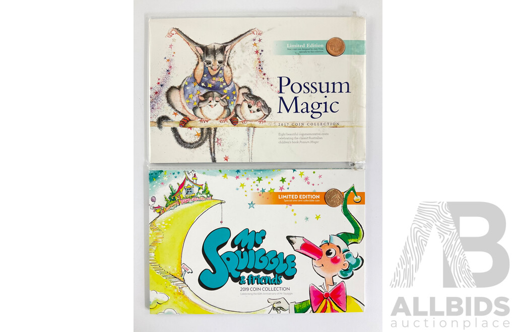 Two Australian RAM Coin Sets, 2019 Mr Squiggle and 2017 Possum Magic
