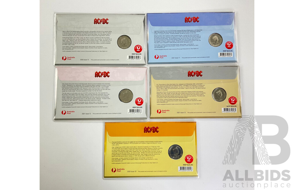 Five Australian AC/DC PNCs Including Back in Black, for Those About to Rock, High Voltage, Dirty Deeds Done Dirt Cheap, Ball Breaker