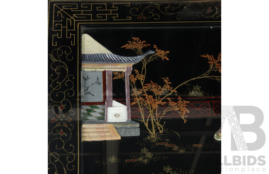 Vintage Chinese Coffee Table with Stone Inlay and Glass Top